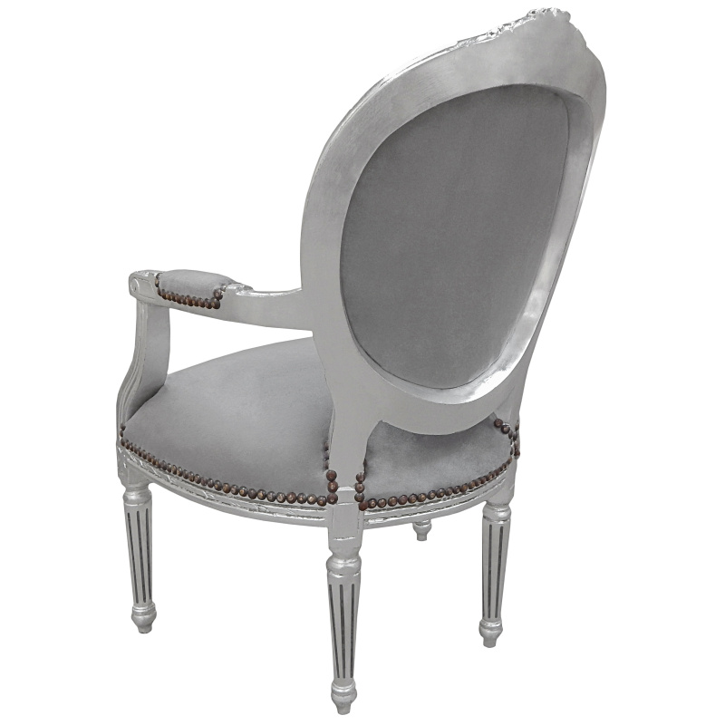 Fauteuil baroque Louis XVI velours gris et bois argenté