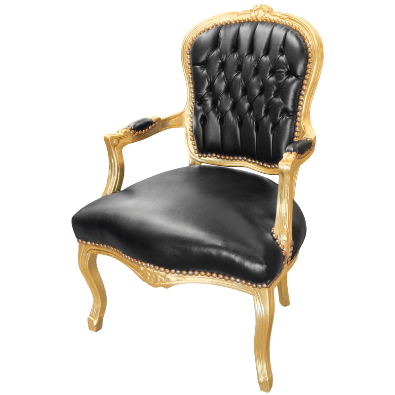 Silla Barroca Estilo Louis Xv Piel Negra Y Madera De Oro