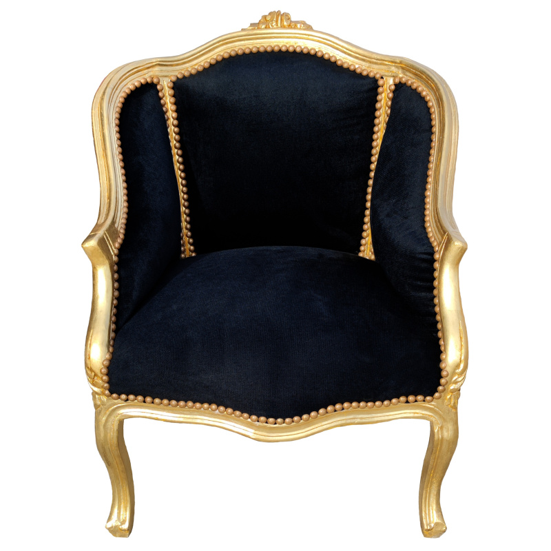 Barocker Bergere Sessel Im Louis XV Stil Aus Schwarzem Samt Und Goldholz