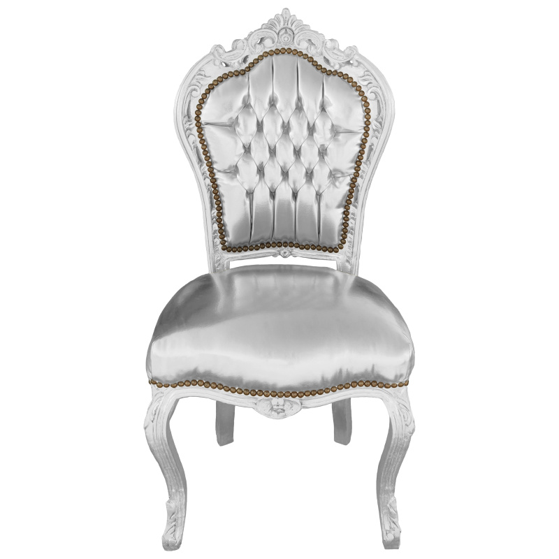 Chaise De Style Baroque Rococo Simili Cuir Argent Et Bois Argent