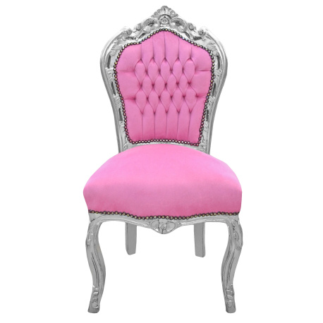 Chaise de style Baroque Rococo tissu velours rose et bois argenté