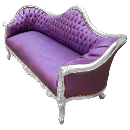 Baroque sofa Napoleon III fabric purple leatherette and silver wood