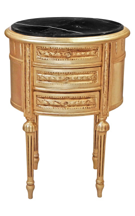 Cavalletto notturno (Il letto) tamburo in legno oro ovale 3 cassetti e marmo nero