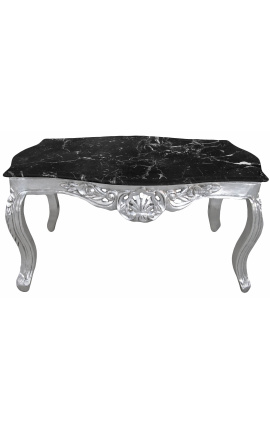 Tavolino in stile barocco in legno argentato con piano in marmo nero