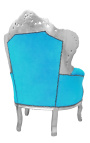 Grote fauteuil in barokstijl turquoise fluwelen stof en zilverkleurig hout