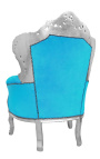 Grote fauteuil in barokstijl turquoise fluwelen stof en zilverkleurig hout