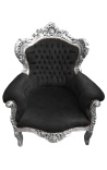 Gran sillón de estilo barroco terciopelo negro y madera de plata