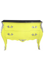 Commode baroque de style Louis XV jaune fluo et plateau noir avec 2 tiroirs