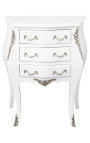 Nightstand (Bedside) baroque white wood lacquered silver bronze with 3 drawers