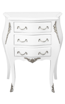 Nightstand (Bedside) baroque white wood lacquered silver bronze with 3 drawers