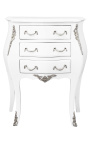 Nightstand (Bedside) baroque white wood lacquered silver bronze with 3 drawers