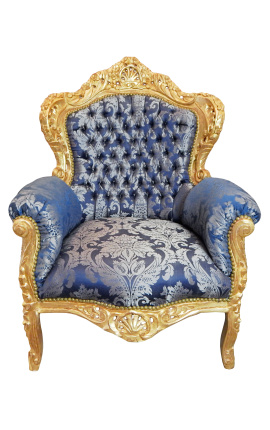 Veľká baroková kresla modrá "Kobule" tkanina a zlaté drevo