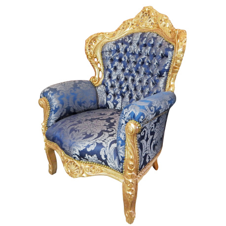 Baroque bergère armchair Louis XV style Gobelins blue satin fabric gold wood