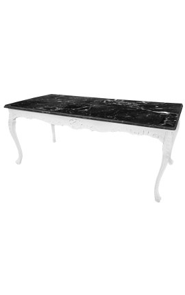 Grande tavolo da pranzo in legno laccato bianco barocco e marmo nero
