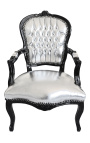 Fauteuil baroque de style Louis XV simili cuir argent et bois noir