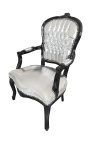 Fauteuil baroque de style Louis XV simili cuir argent et bois noir