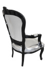 Fauteuil baroque de style Louis XV simili cuir argent et bois noir