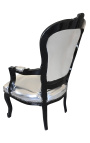 Fauteuil baroque de style Louis XV simili cuir argent et bois noir