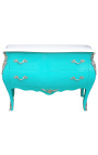 Commode baroque de style Louis XV turquoise et plateau blanc avec 2 tiroirs