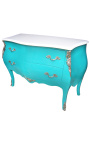 Commode baroque de style Louis XV turquoise et plateau blanc avec 2 tiroirs