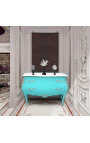 Commode baroque de style Louis XV turquoise et plateau blanc avec 2 tiroirs