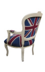 Fauteuil baroque de style Louis XV "Union Jack" et bois beige