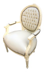 Baroque armchair Louis XVI style medallion in false beige leather skin and beige lacquered wood 