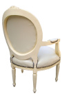 Baroque armchair Louis XVI style medallion in false beige leather skin and beige lacquered wood 