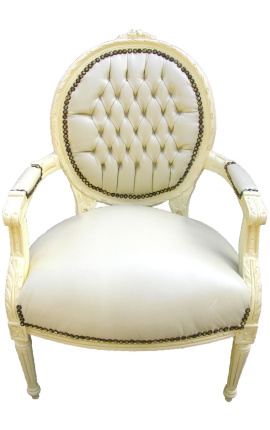 Fauteuil Louis XVI de style baroque simili cuir beige et bois beige