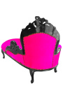 Grande chaise longue barroca em tecido rosa fúcsia e madeira lacada preta