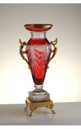 Veľká váza červená kryštálová váza zdvojnásobená a bronzová "Pompeje"