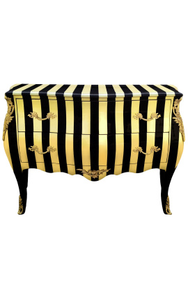 Comò barocco Louis XV stile nero e oro a strisce con 2 cassetti