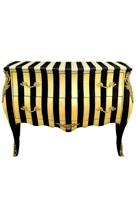 Barokk Commode Louis XV stil svart og gull stripet med 2 skuffer og forgylt bronse