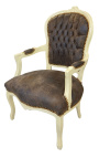 Fauteuil baroque de style Louis XV tissu chocolat et bois beige