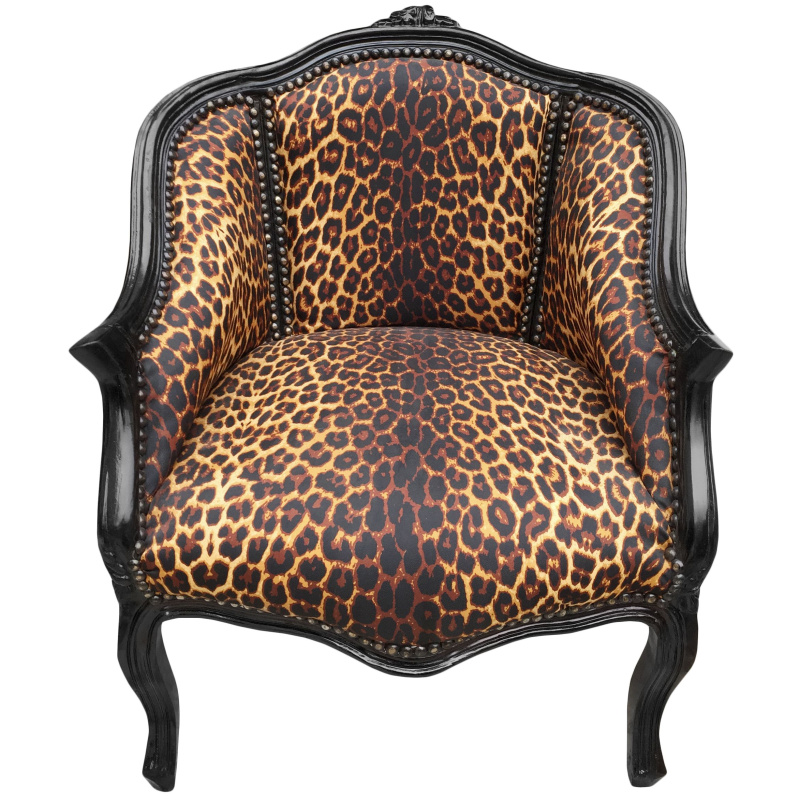 Bergere armchair Louis XV style with leopard fabric and glossy