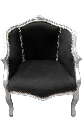 Bergere armchair Louis XV style black velvet and silver wood