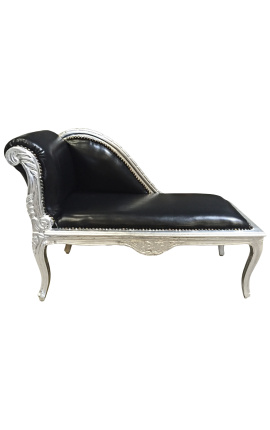 Louis XV chaise longue čierna kožená a strieborné drevo