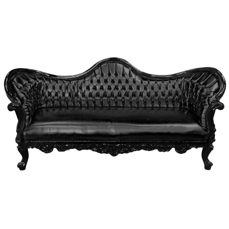 Baroque napoleon III sofa black false skin leather and black shine wood