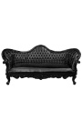 Barock Napoléon III Sofa schwarz Leder und glänzendes schwarzes Holz