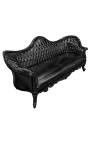 Barock Napoléon III Sofa schwarz Leder und glänzendes schwarzes Holz