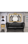 Barock Napoléon III Sofa schwarz Leder und glänzendes schwarzes Holz