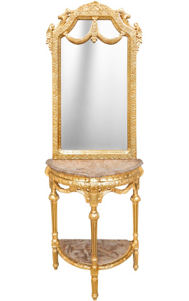 consolle a metà giro con specchio in legno dorato e marmo beige