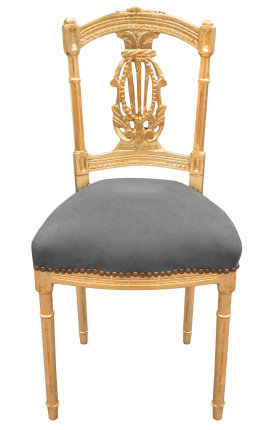 Harfová stolička so šedou sametovou tkaninou a zlatým drevom