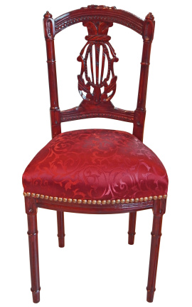 Harfová stolička štýlu Louis XVI s červenou saténovou tkaninou a mahogánovou farbou dreva