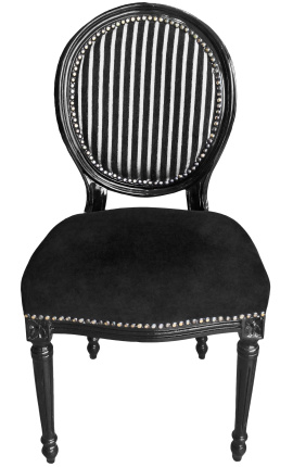 Sedia in stile Luigi XVI a righe nere e grigie con seduta in velluto nero e legno nero