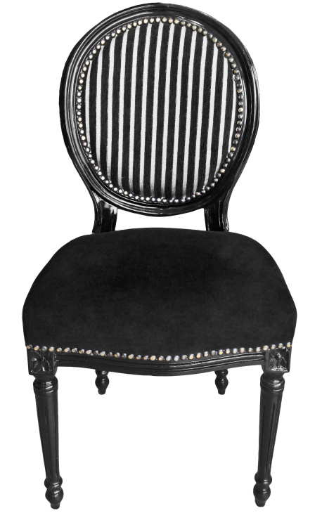 Chair Louis XVI style black and gray stripes with black velvet & black wood