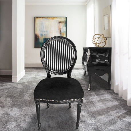 Chair Louis XVI style black and gray stripes with black velvet & black wood