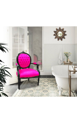 Sillón barroco Luís XVI medallón de estilo rosa fushia tela y madera lacada negra