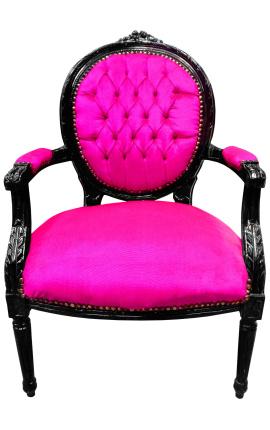 Barokksessel Louis XVI fuchsia stoff og glansande svart tre