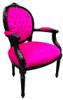 Barokke fauteuil Lodewijk XVI-stijl medaillon roze fushia stof en zwart gelakt hout 